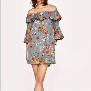 Zara Checkered Floral Off Shoulder Mini Dress